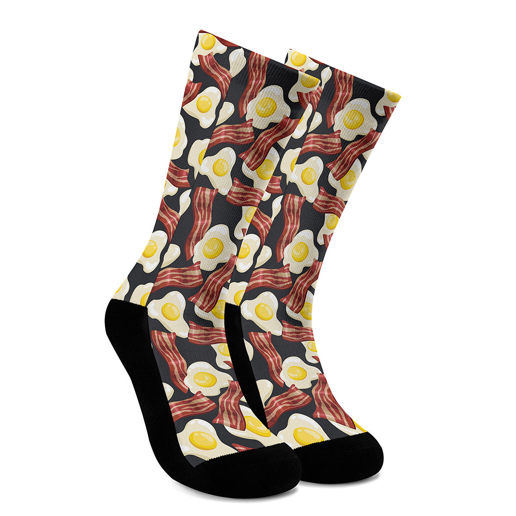 Black Fried Egg And Bacon Pattern Print Crew Socks