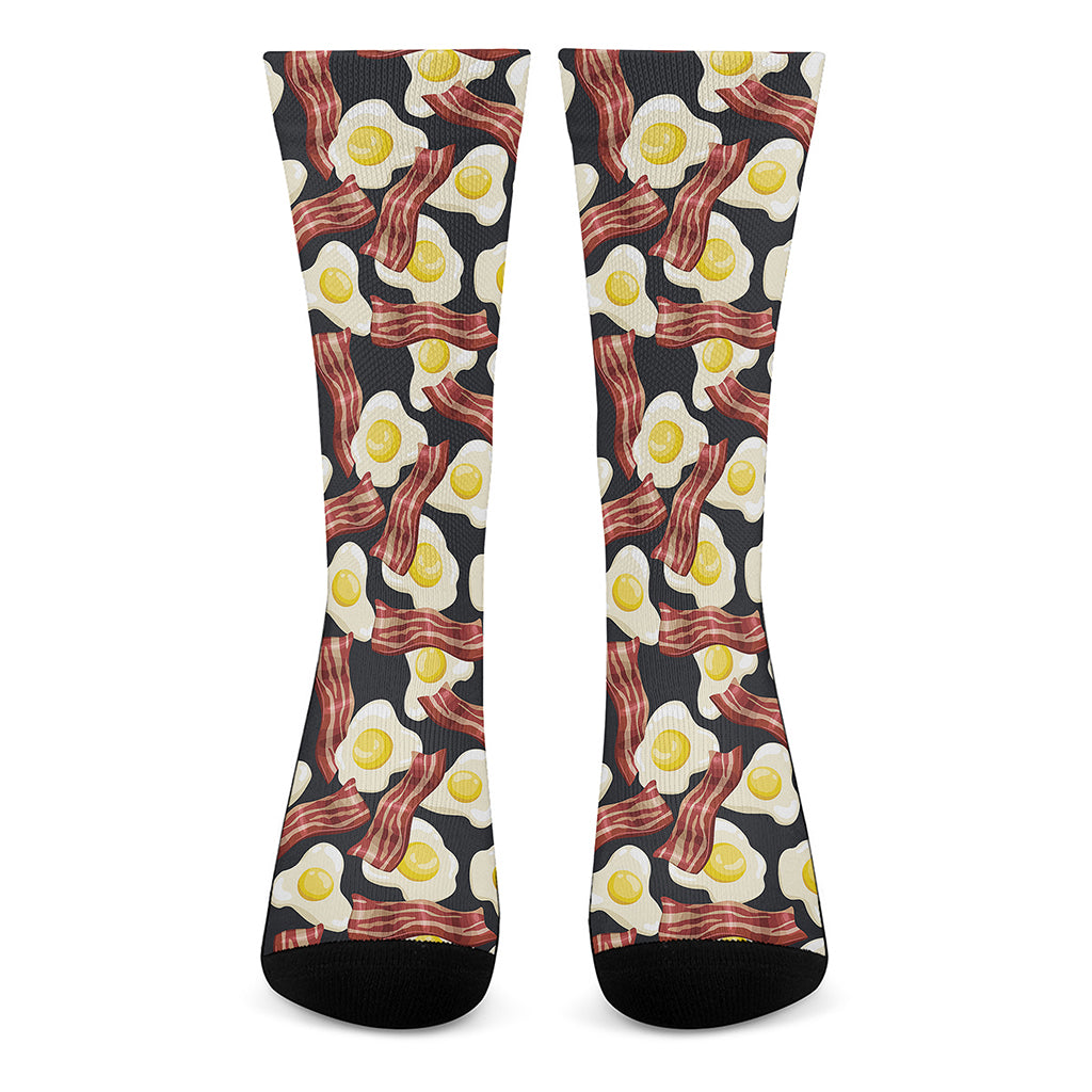 Black Fried Egg And Bacon Pattern Print Crew Socks