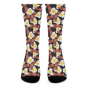 Black Fried Egg And Bacon Pattern Print Crew Socks