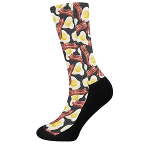 Black Fried Egg And Bacon Pattern Print Crew Socks