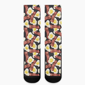 Black Fried Egg And Bacon Pattern Print Crew Socks