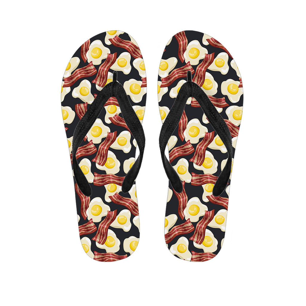 Black Fried Egg And Bacon Pattern Print Flip Flops