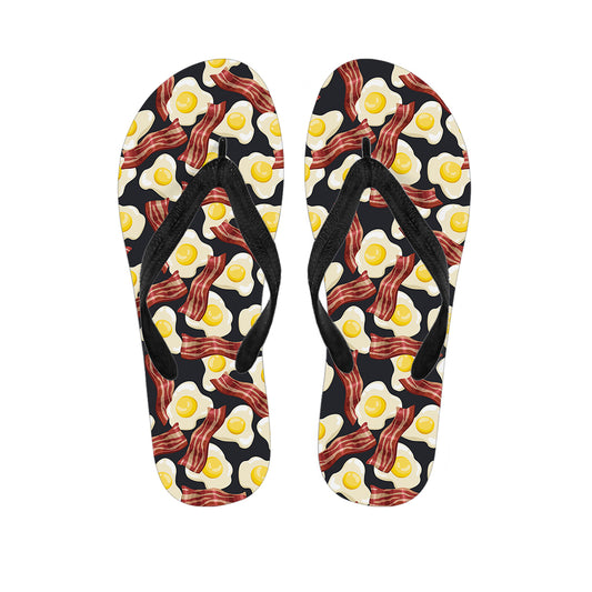 Black Fried Egg And Bacon Pattern Print Flip Flops