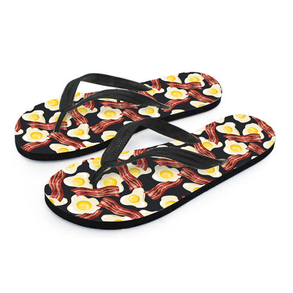 Black Fried Egg And Bacon Pattern Print Flip Flops