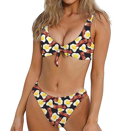 Black Fried Egg And Bacon Pattern Print Front Bow Tie Bikini