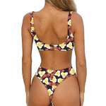 Black Fried Egg And Bacon Pattern Print Front Bow Tie Bikini