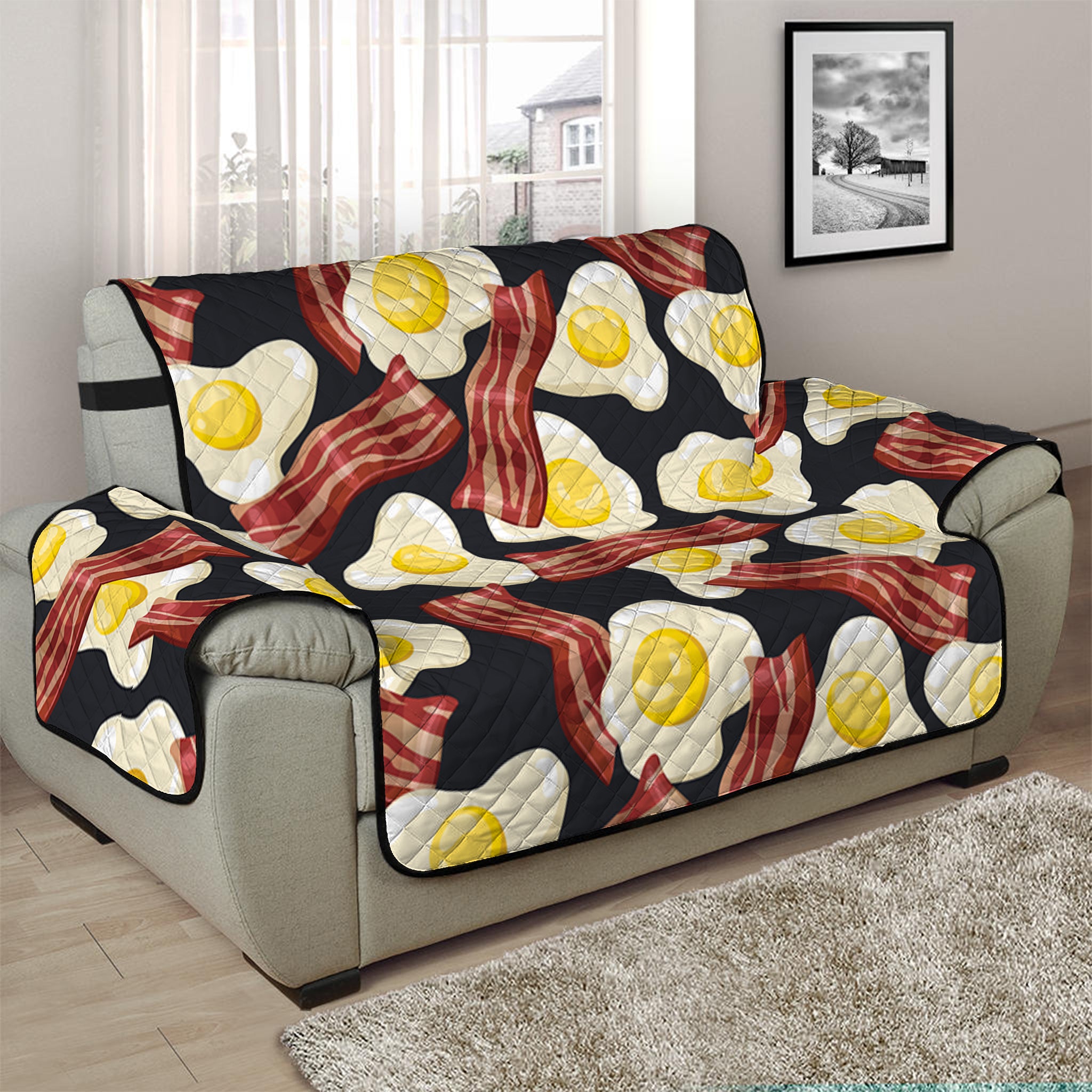 Black Fried Egg And Bacon Pattern Print Half Sofa Protector