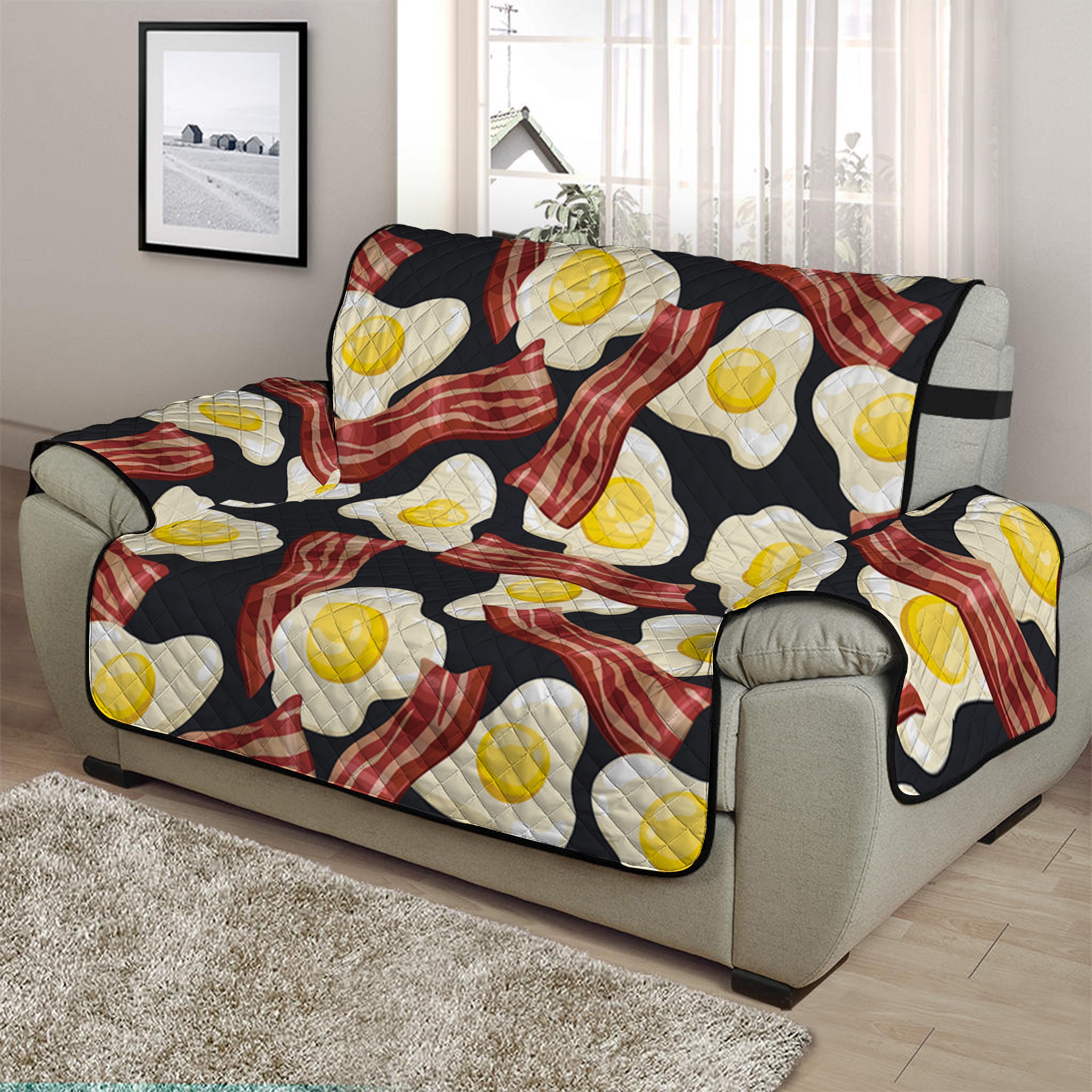 Black Fried Egg And Bacon Pattern Print Half Sofa Protector