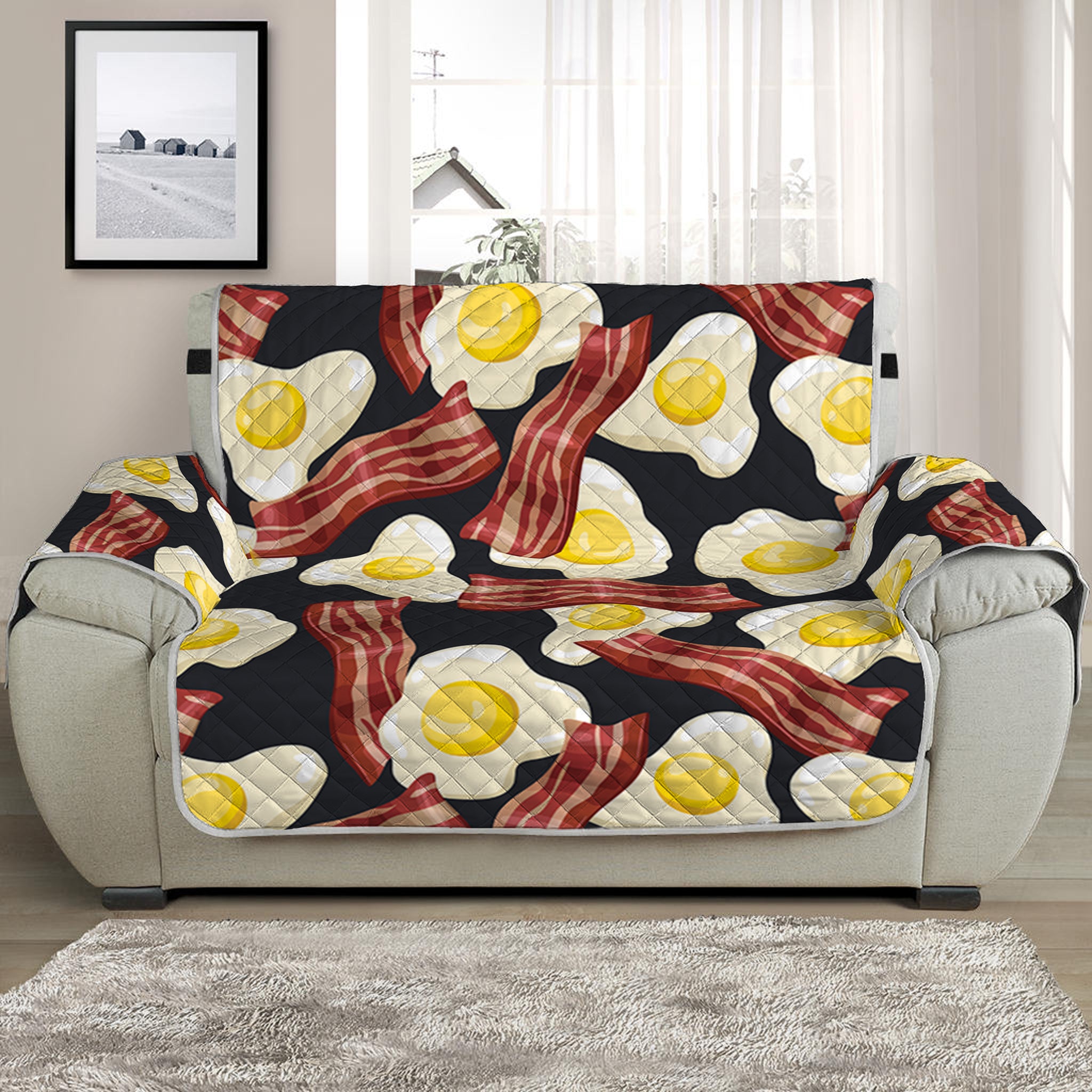 Black Fried Egg And Bacon Pattern Print Half Sofa Protector