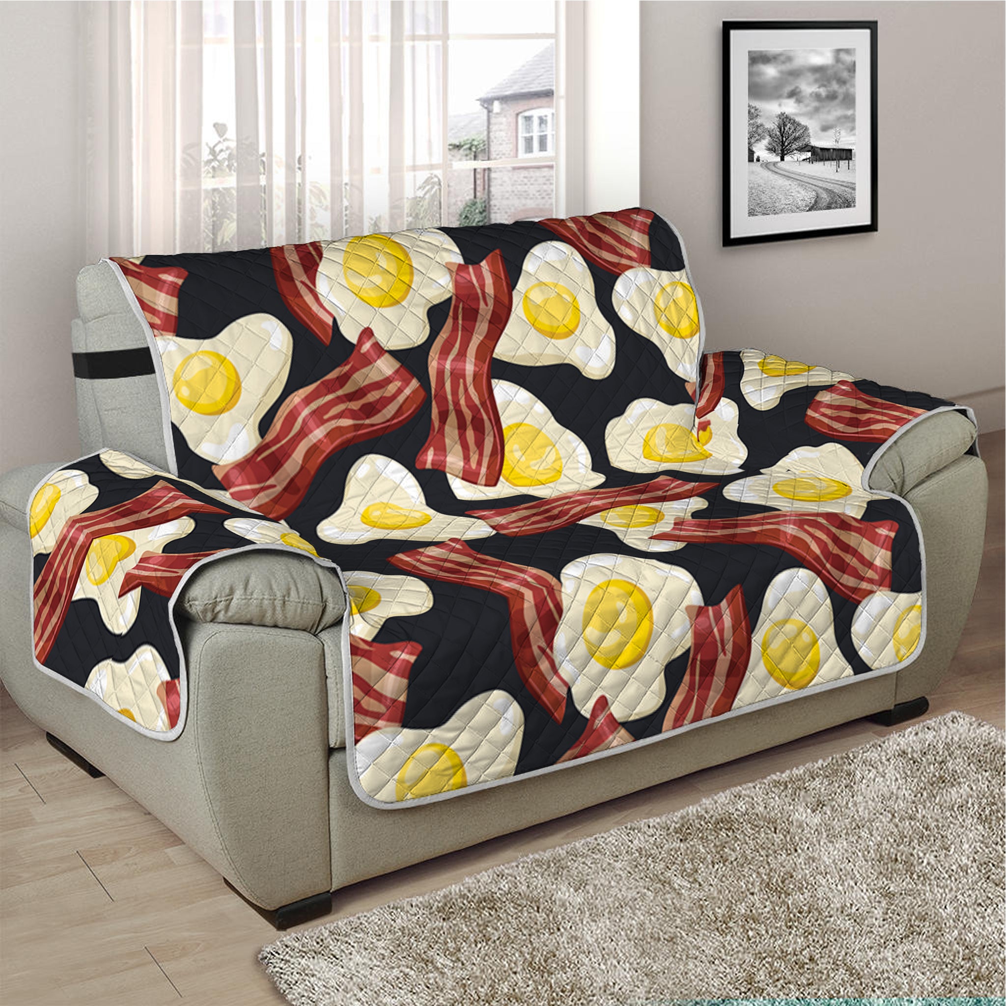 Black Fried Egg And Bacon Pattern Print Half Sofa Protector