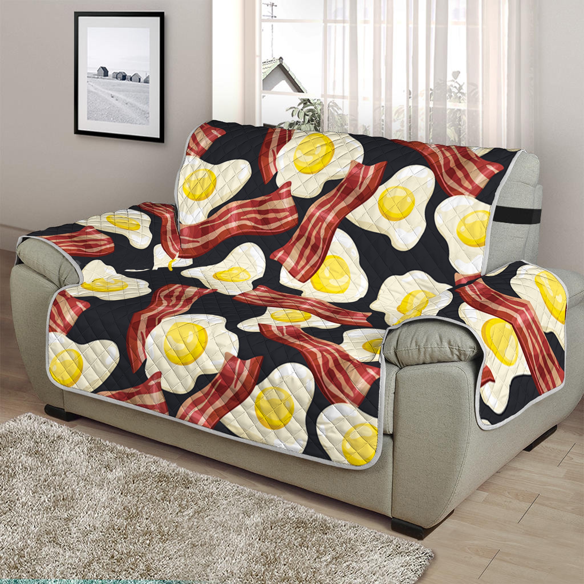 Black Fried Egg And Bacon Pattern Print Half Sofa Protector