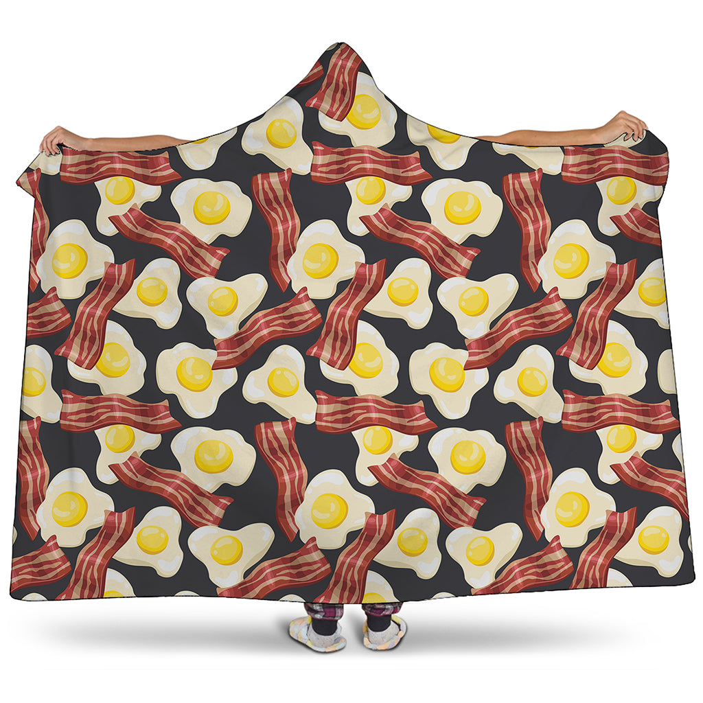 Black Fried Egg And Bacon Pattern Print Hooded Blanket