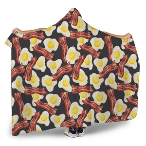 Black Fried Egg And Bacon Pattern Print Hooded Blanket