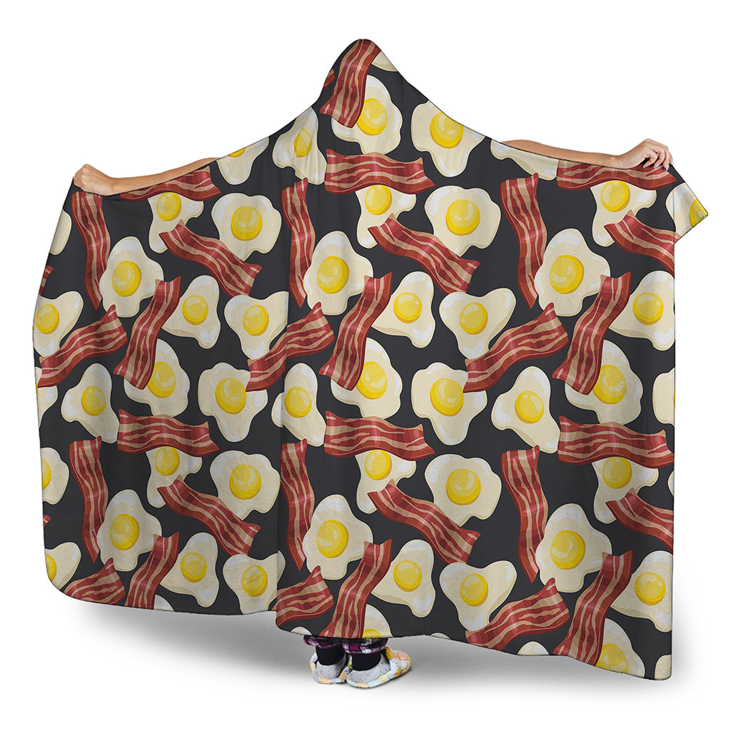 Black Fried Egg And Bacon Pattern Print Hooded Blanket