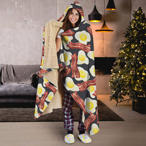 Black Fried Egg And Bacon Pattern Print Hooded Blanket