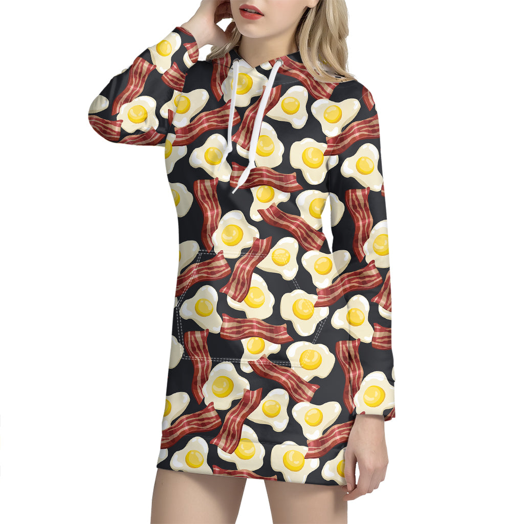 Black Fried Egg And Bacon Pattern Print Hoodie Dress