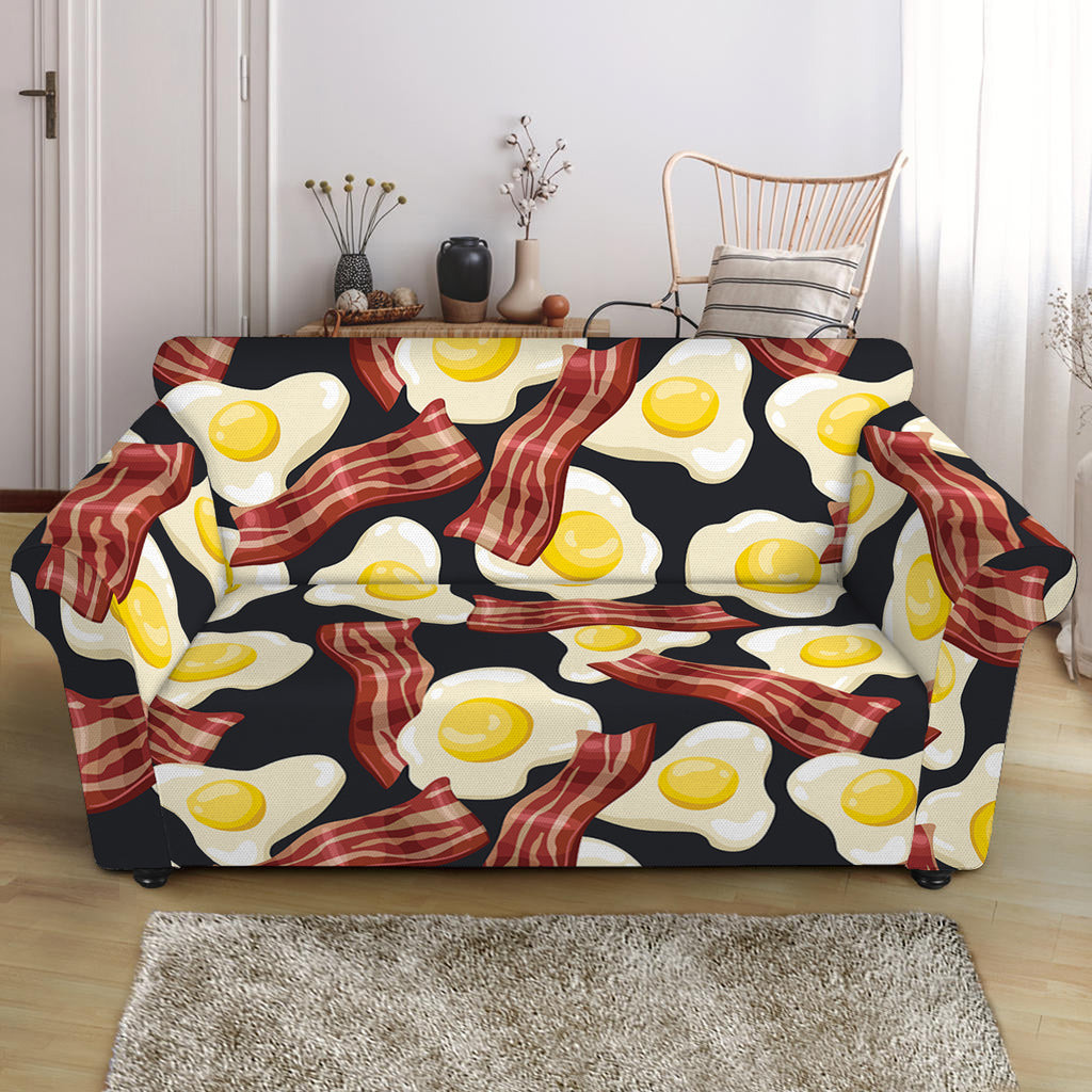 Black Fried Egg And Bacon Pattern Print Loveseat Slipcover