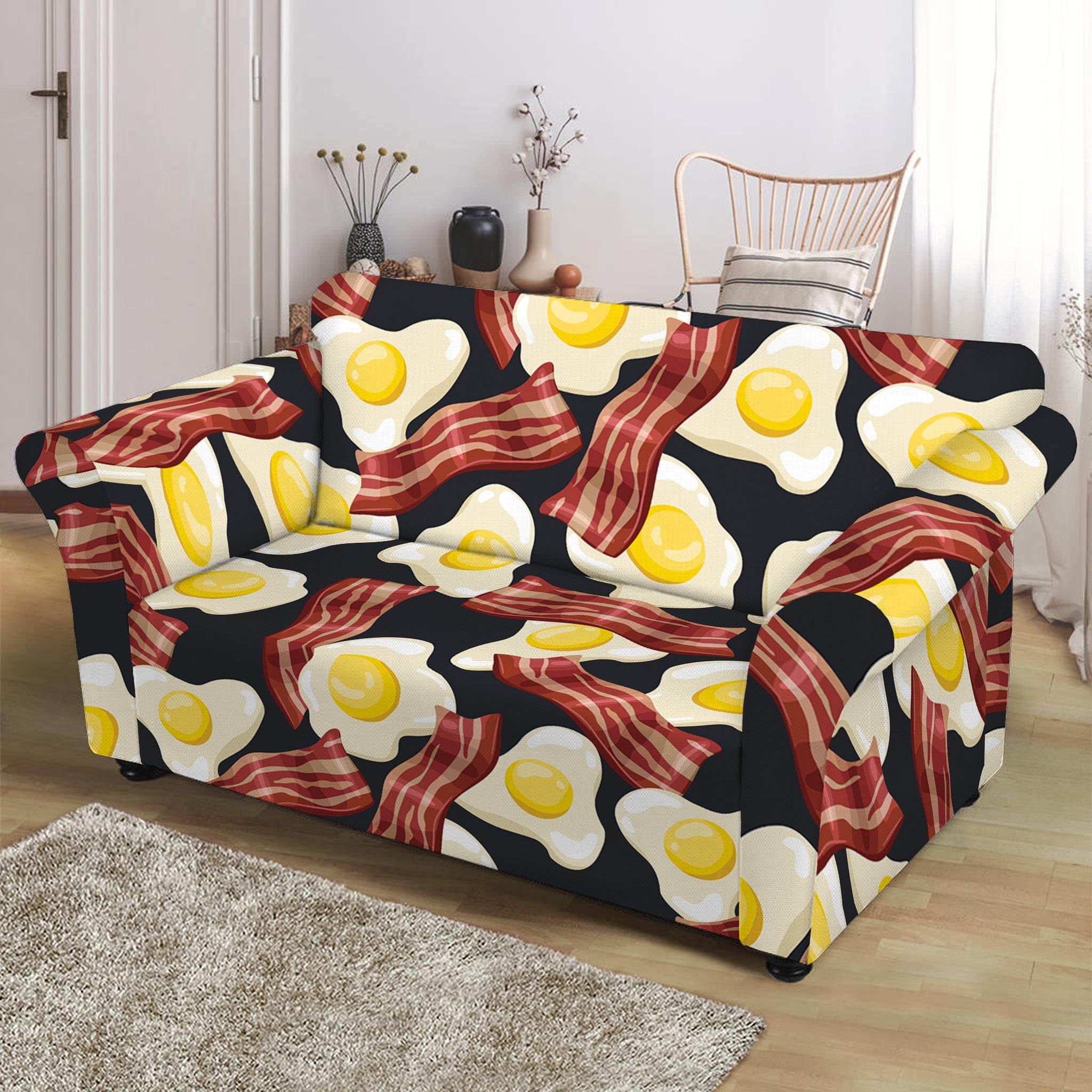 Black Fried Egg And Bacon Pattern Print Loveseat Slipcover