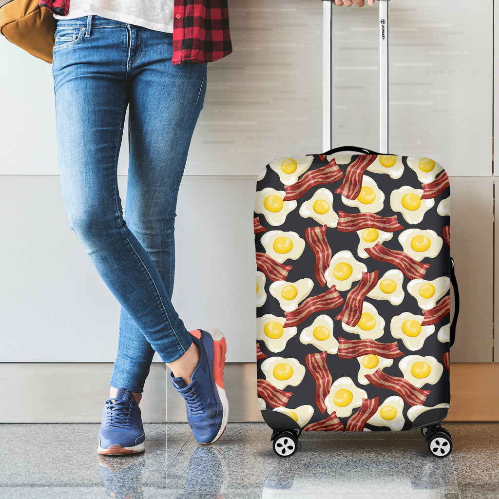 Black Fried Egg And Bacon Pattern Print Luggage Cover
