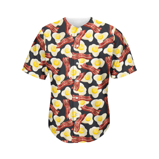 Black Fried Egg And Bacon Pattern Print Men's Baseball Jersey