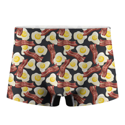 Black Fried Egg And Bacon Pattern Print Men's Boxer Briefs