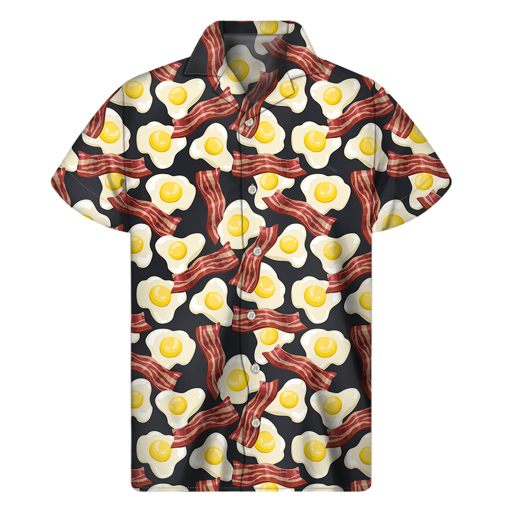 Black Fried Egg And Bacon Pattern Print Men's Short Sleeve Shirt