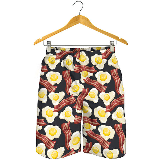 Black Fried Egg And Bacon Pattern Print Men's Shorts