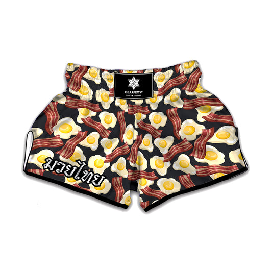 Black Fried Egg And Bacon Pattern Print Muay Thai Boxing Shorts