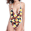 Black Fried Egg And Bacon Pattern Print One Piece High Cut Swimsuit