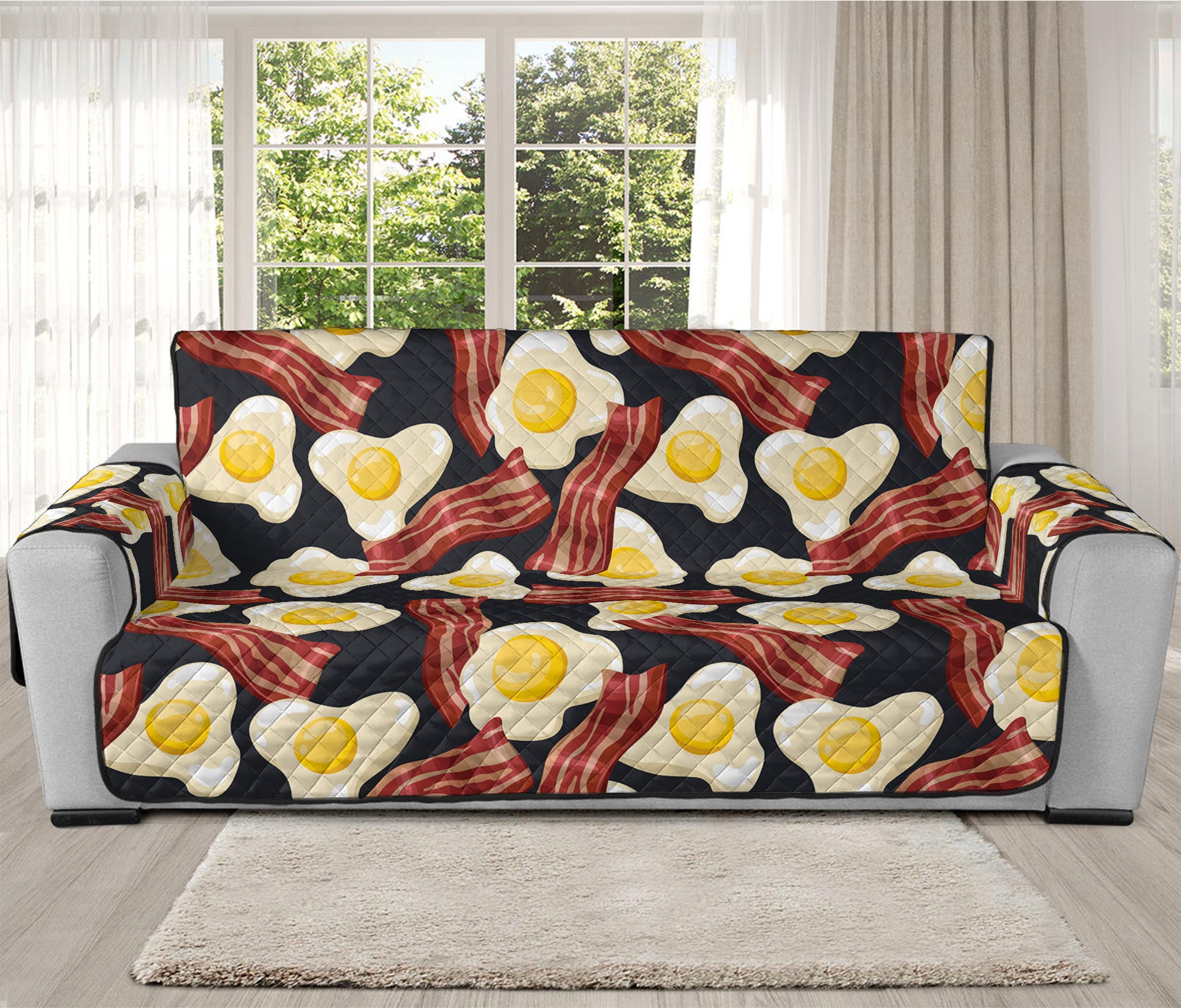 Black Fried Egg And Bacon Pattern Print Oversized Sofa Protector