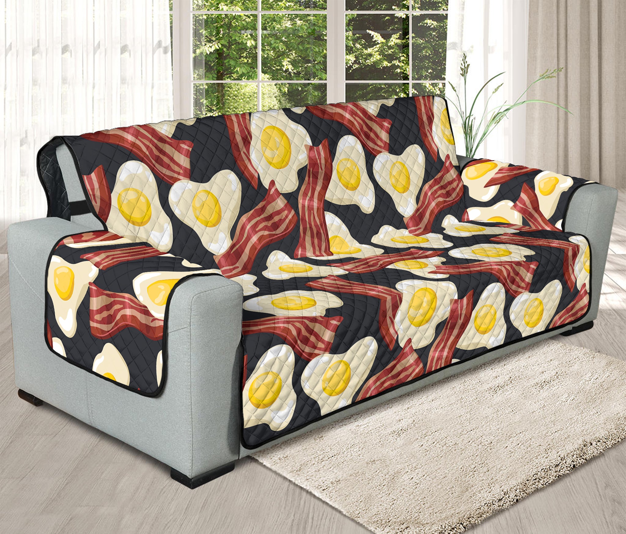 Black Fried Egg And Bacon Pattern Print Oversized Sofa Protector