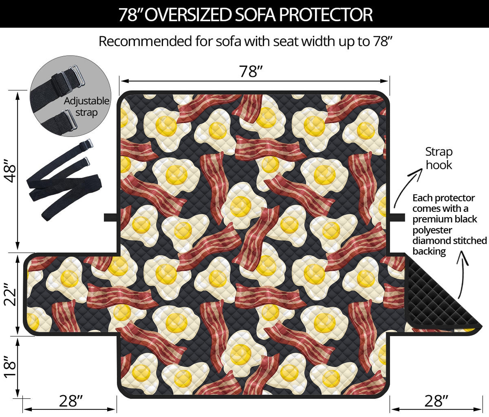 Black Fried Egg And Bacon Pattern Print Oversized Sofa Protector