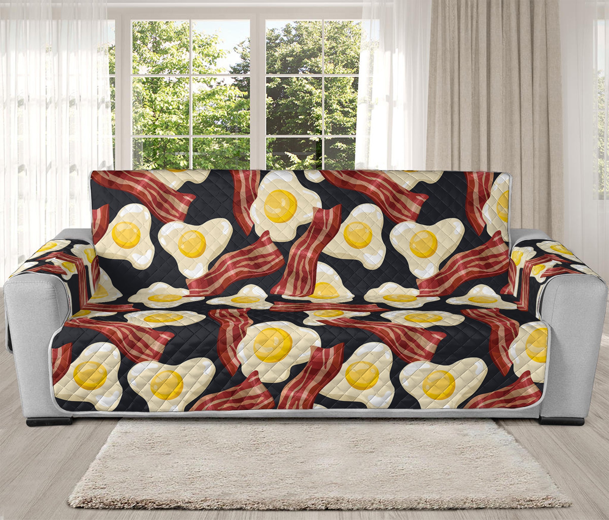 Black Fried Egg And Bacon Pattern Print Oversized Sofa Protector