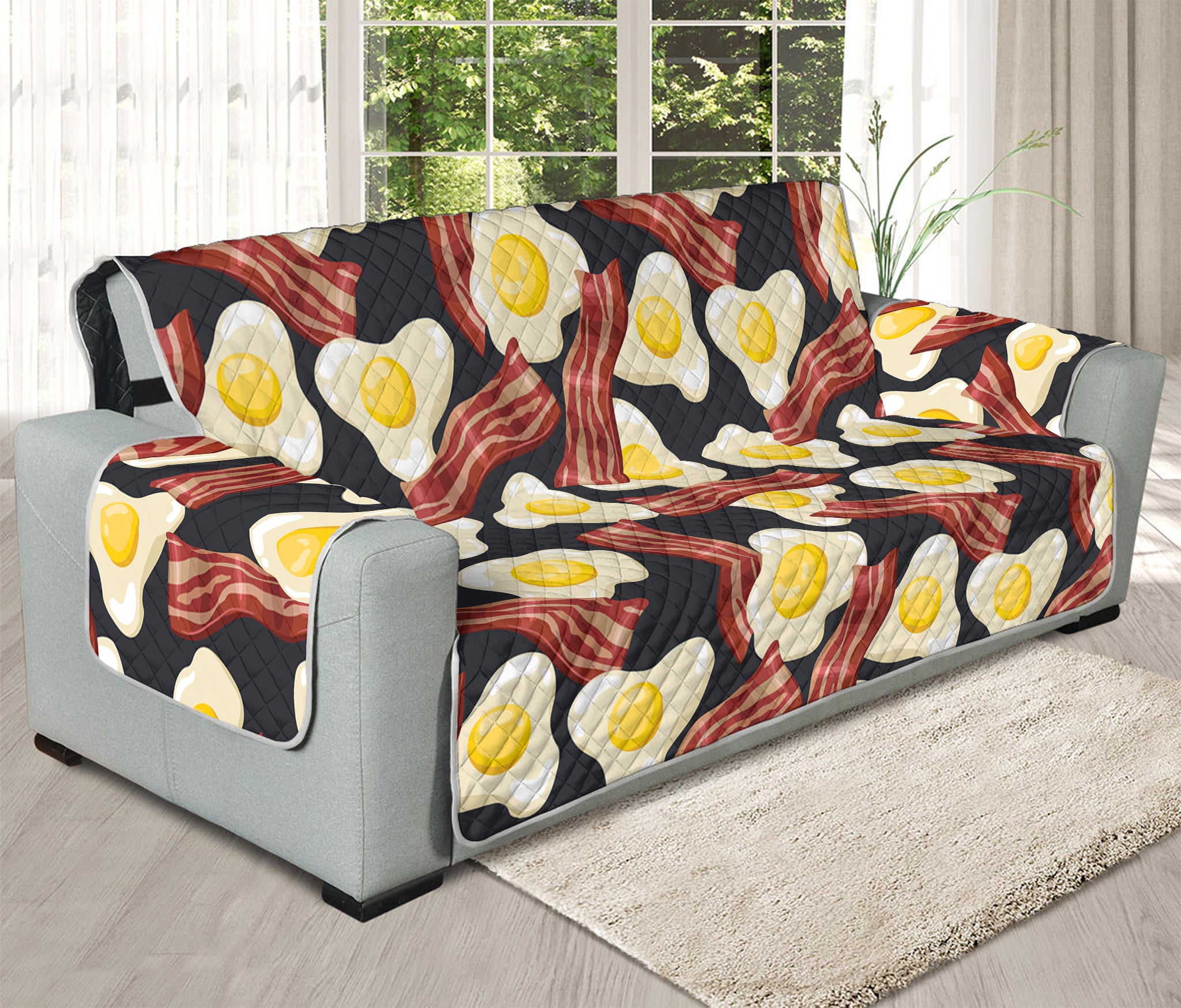 Black Fried Egg And Bacon Pattern Print Oversized Sofa Protector