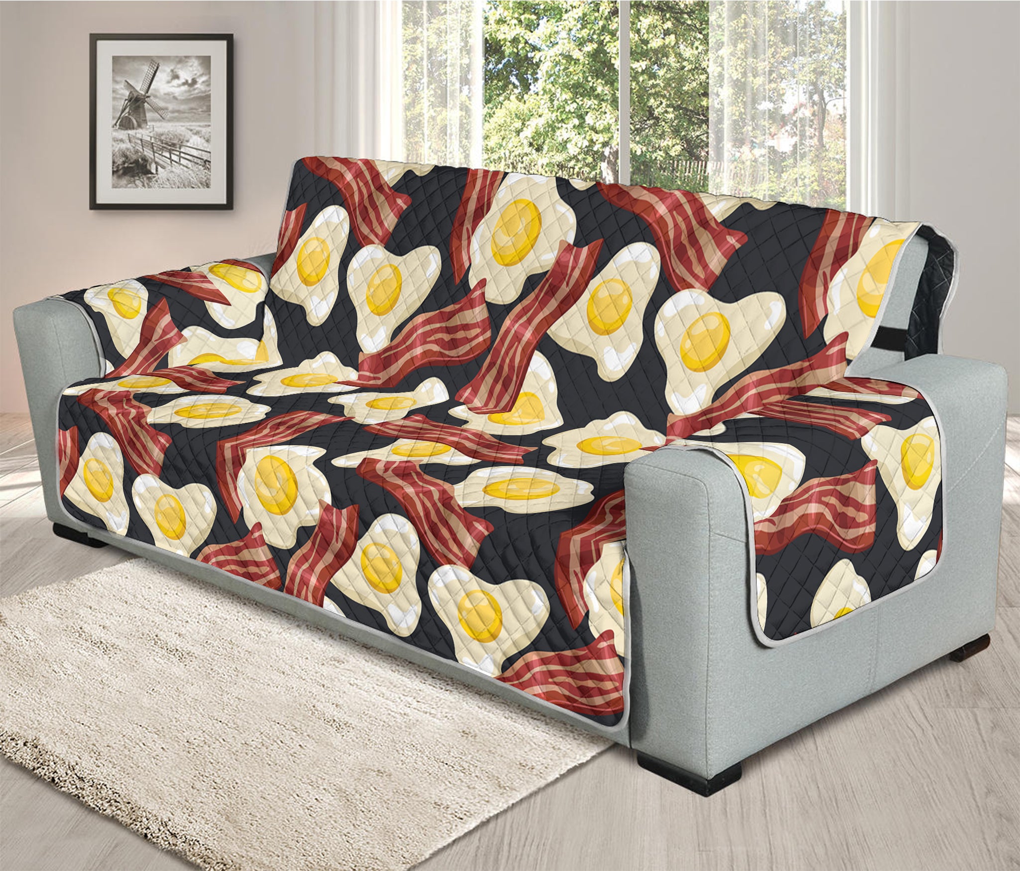 Black Fried Egg And Bacon Pattern Print Oversized Sofa Protector