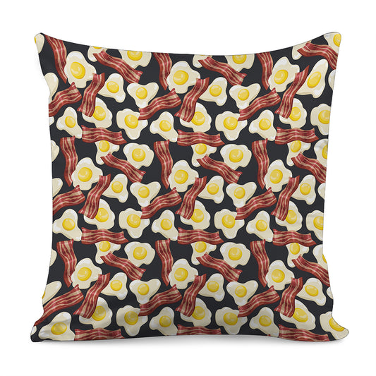 Black Fried Egg And Bacon Pattern Print Pillow Cover