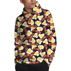 Black Fried Egg And Bacon Pattern Print Pullover Hoodie