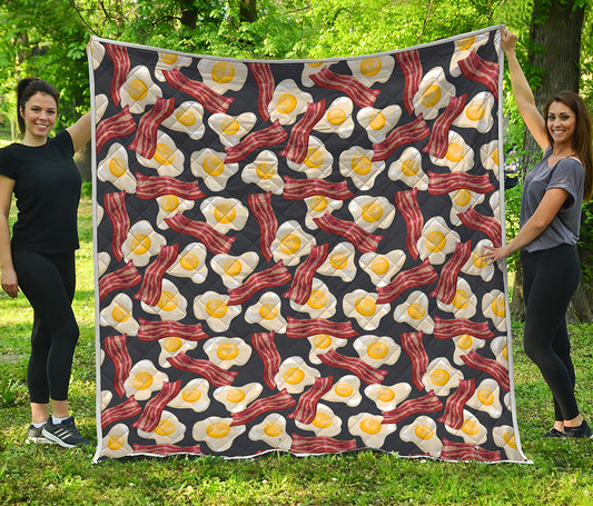 Black Fried Egg And Bacon Pattern Print Quilt