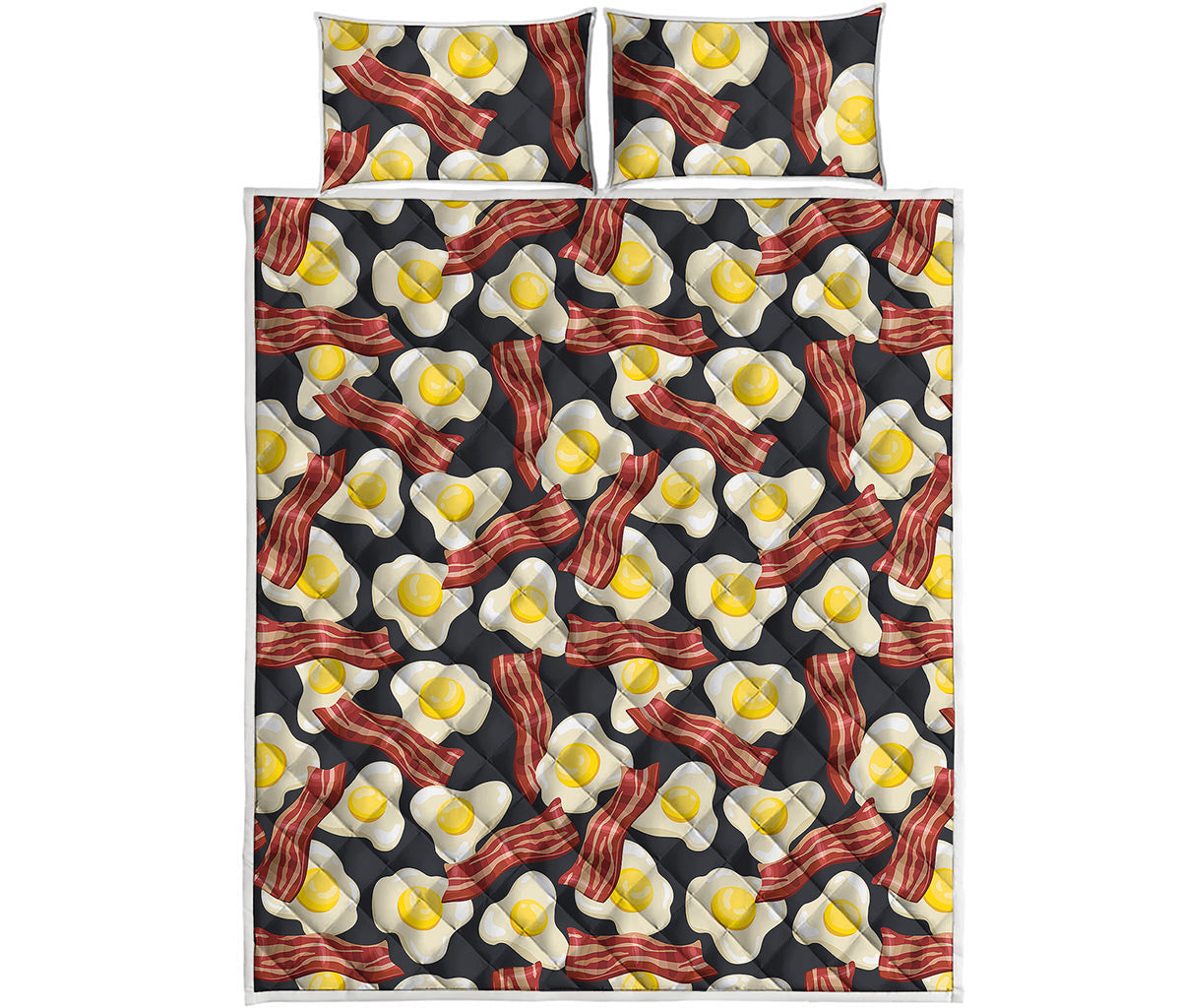 Black Fried Egg And Bacon Pattern Print Quilt Bed Set