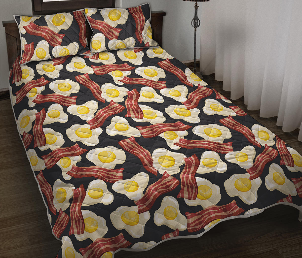 Black Fried Egg And Bacon Pattern Print Quilt Bed Set