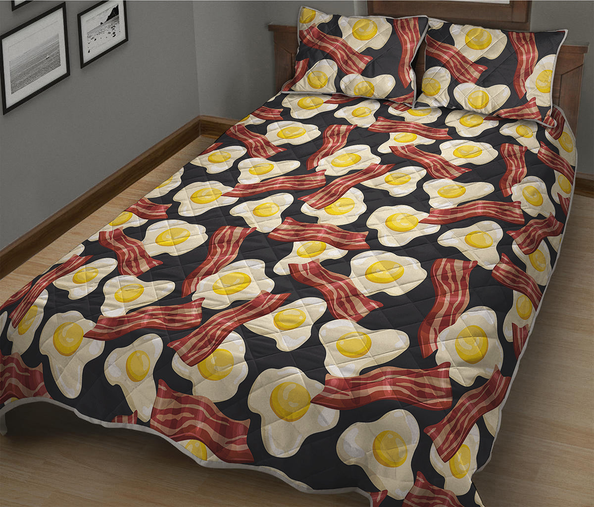 Black Fried Egg And Bacon Pattern Print Quilt Bed Set