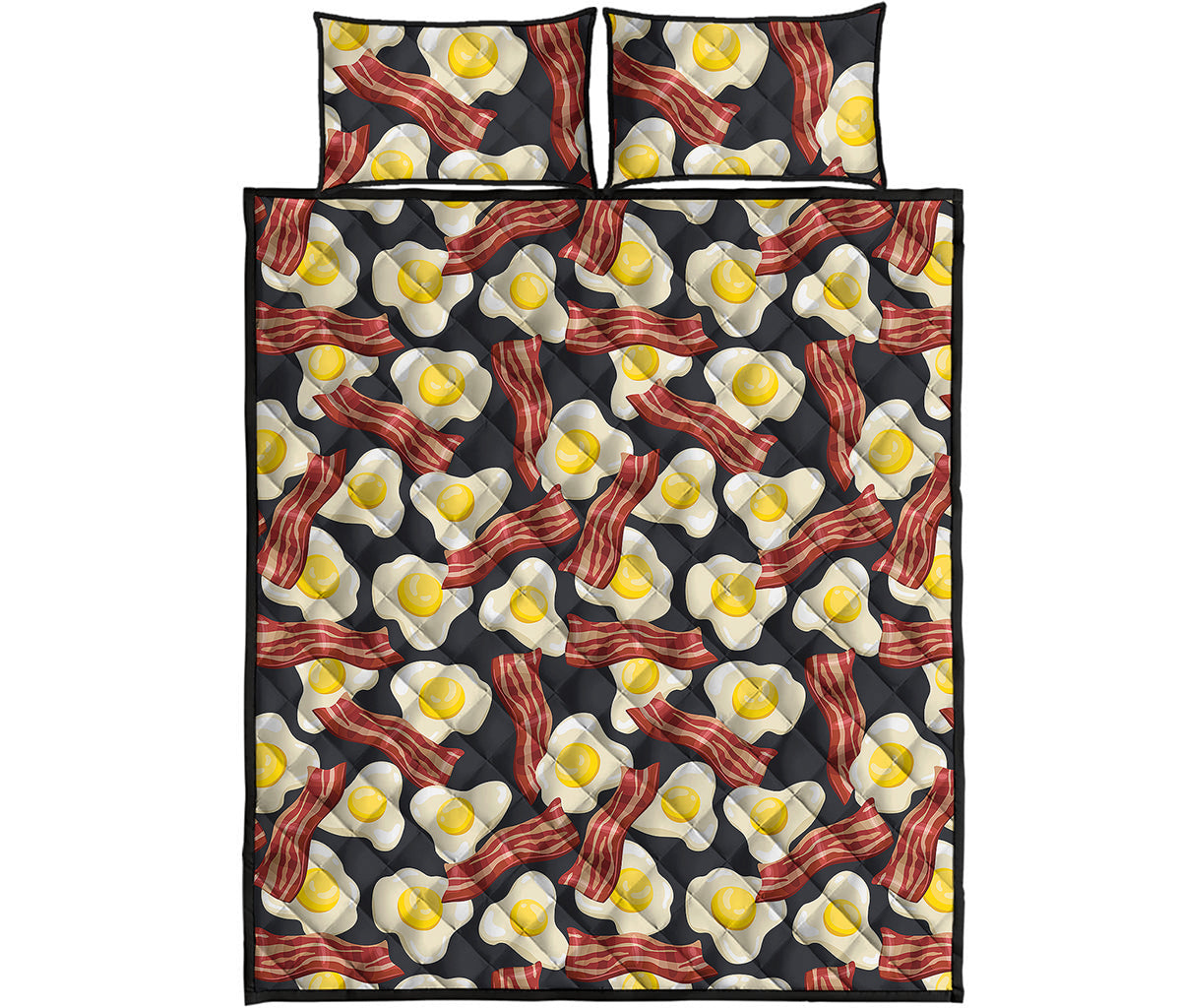 Black Fried Egg And Bacon Pattern Print Quilt Bed Set