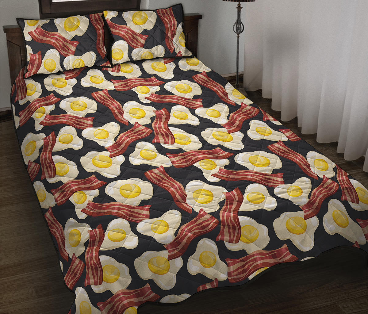 Black Fried Egg And Bacon Pattern Print Quilt Bed Set