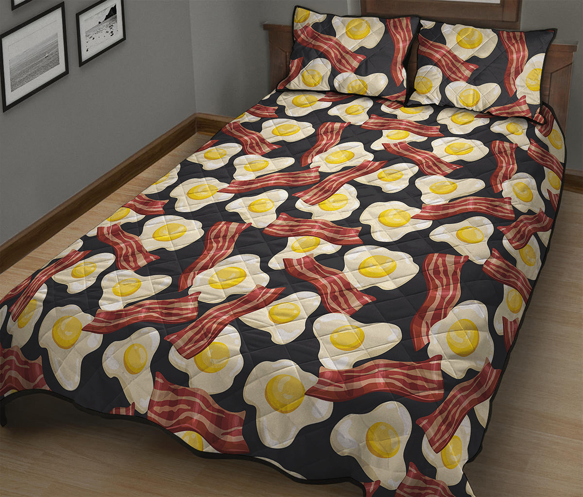 Black Fried Egg And Bacon Pattern Print Quilt Bed Set