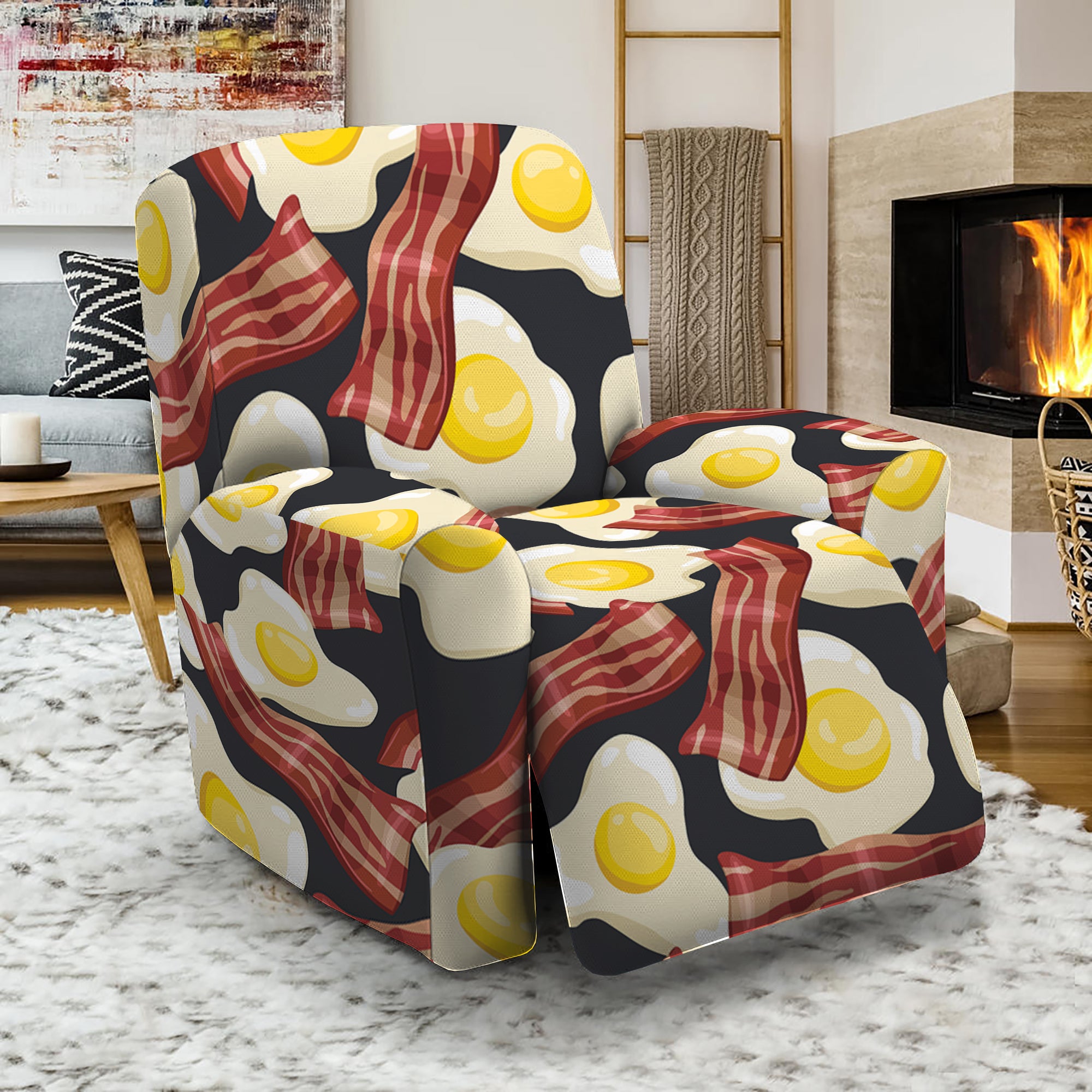 Black Fried Egg And Bacon Pattern Print Recliner Slipcover