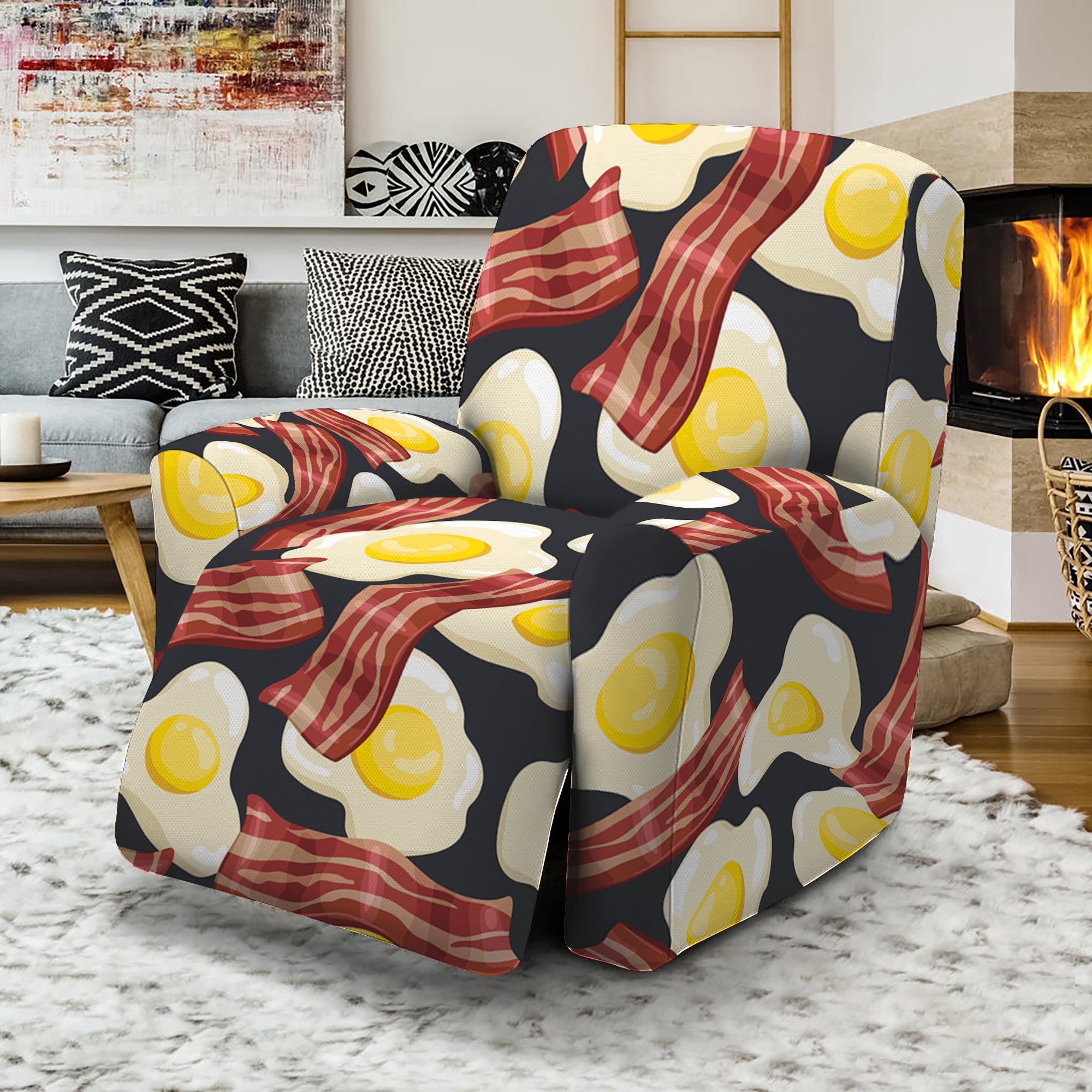 Black Fried Egg And Bacon Pattern Print Recliner Slipcover