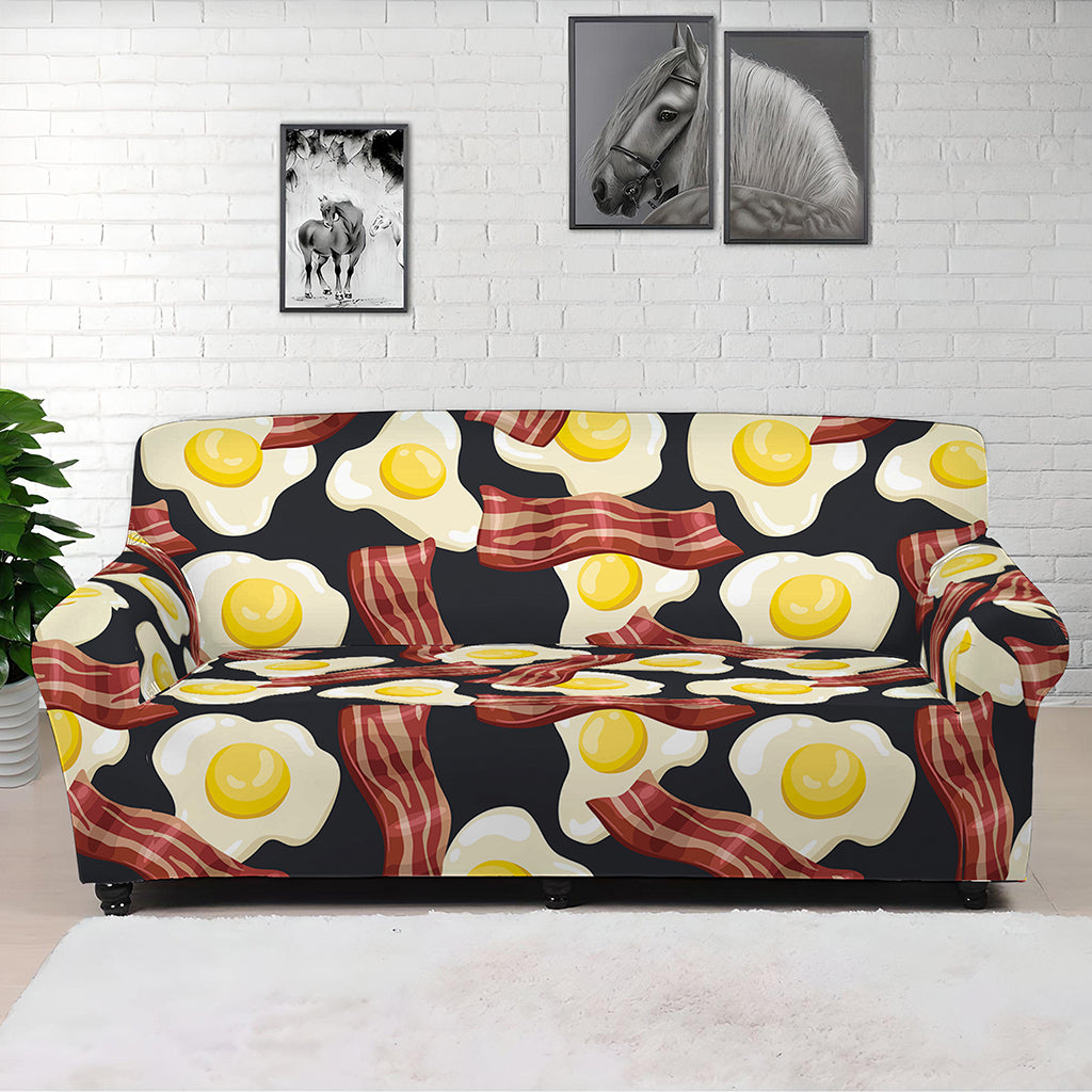 Black Fried Egg And Bacon Pattern Print Sofa Cover