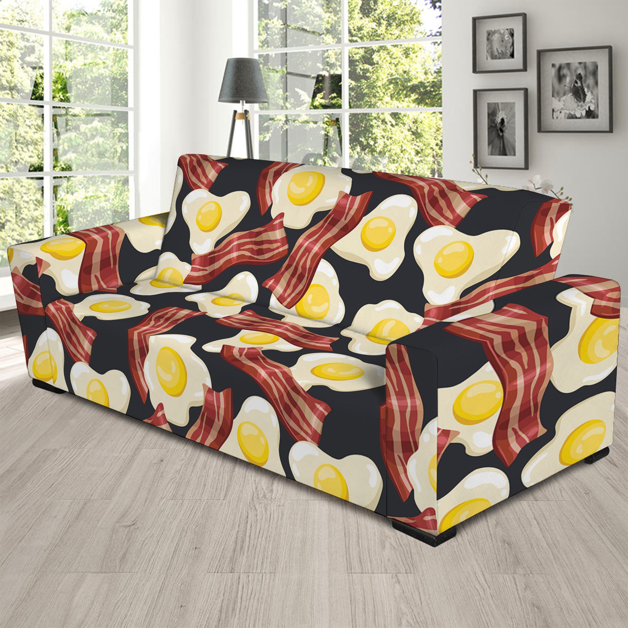 Black Fried Egg And Bacon Pattern Print Sofa Slipcover