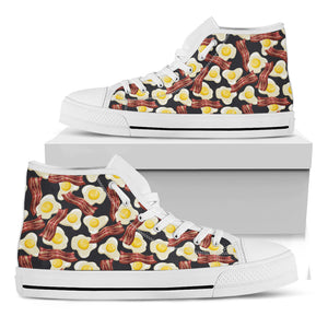 Black Fried Egg And Bacon Pattern Print White High Top Shoes