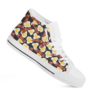 Black Fried Egg And Bacon Pattern Print White High Top Shoes